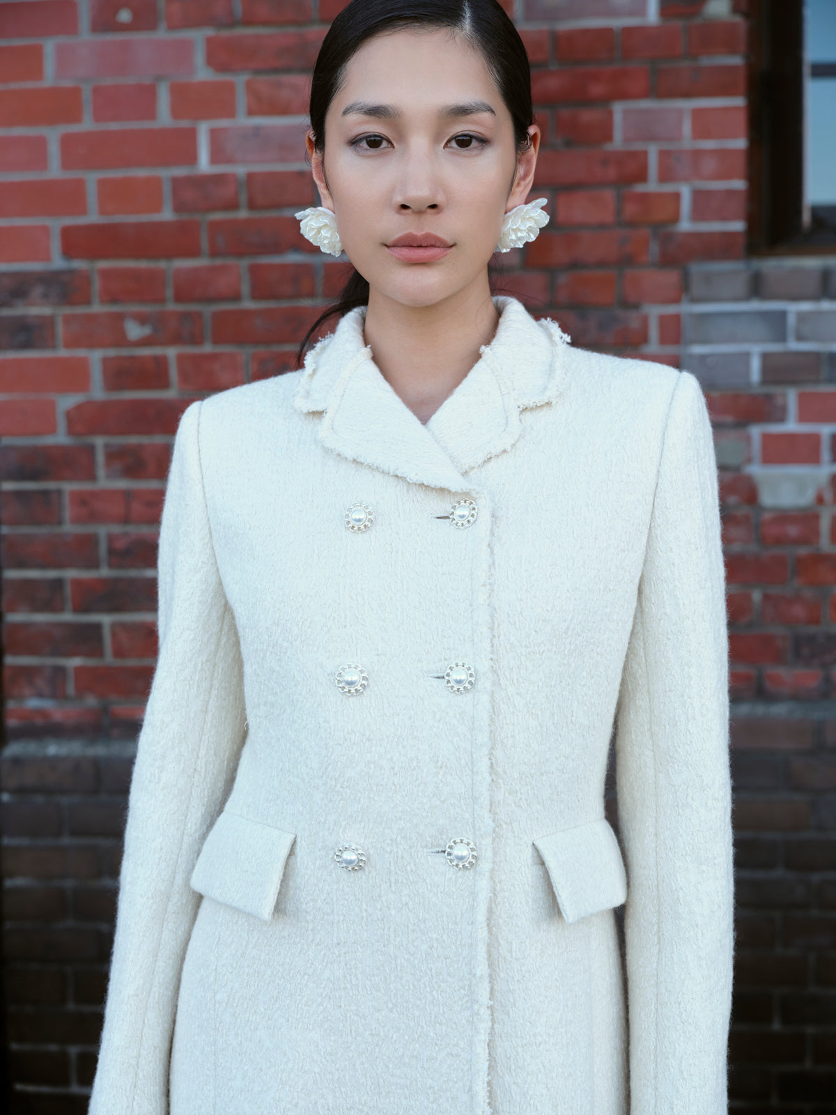 Double-breasted Fringed Wool-blended Coat