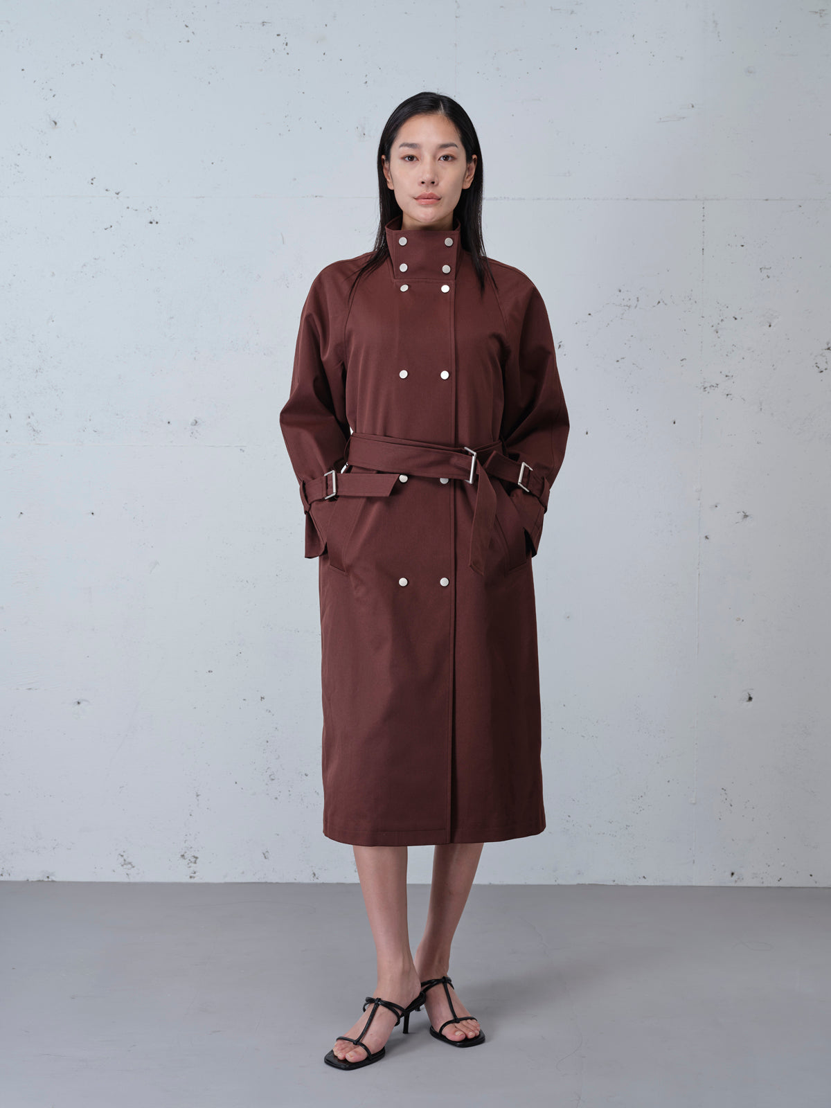 Padded Shoulder Double-breasted Belted Trench Coat