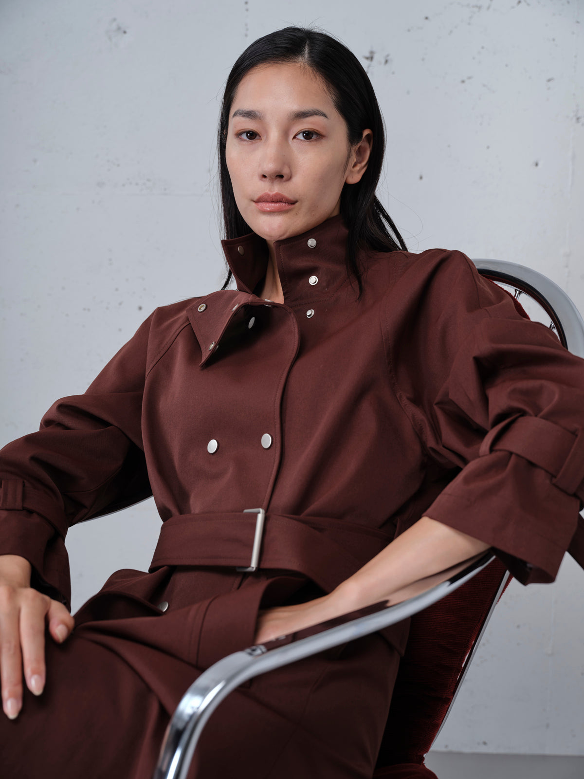 Padded Shoulder Double-breasted Belted Trench Coat