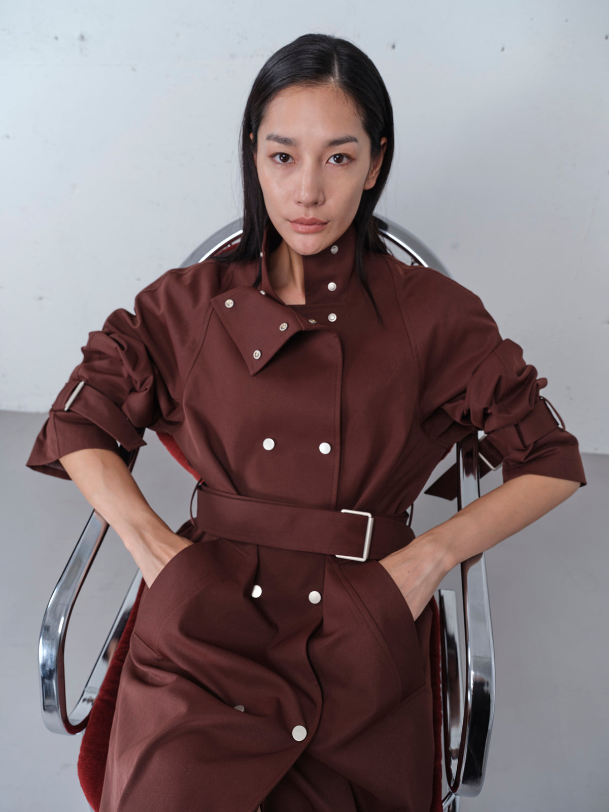 Padded Shoulder Double-breasted Belted Trench Coat