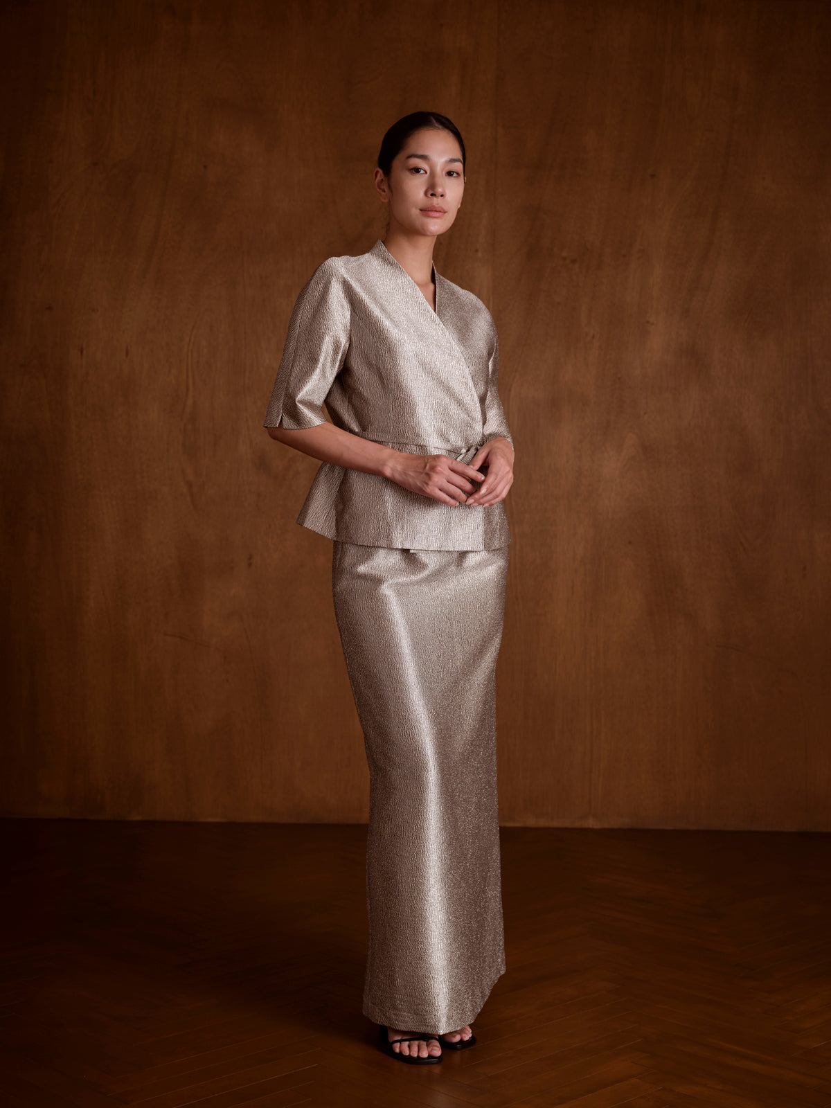 Metallic Stand-up Collar Belted Jacket