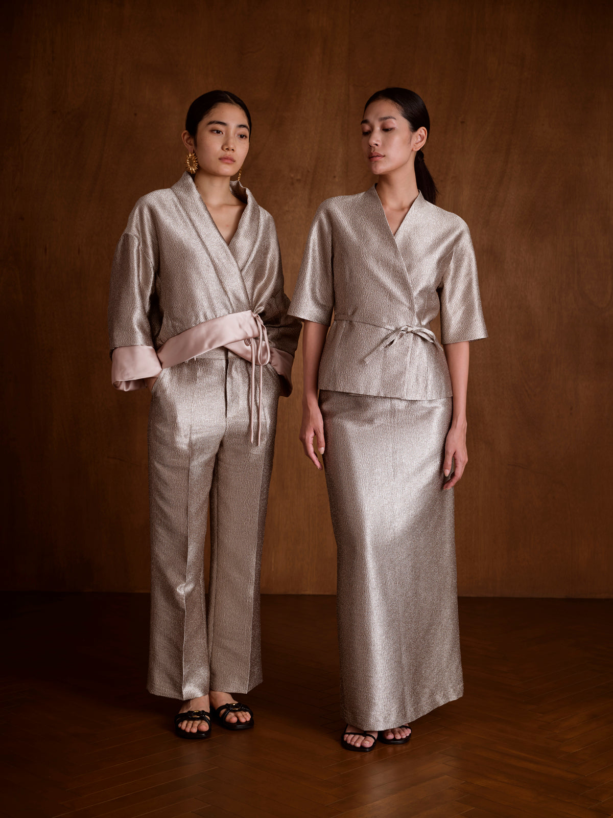 Metallic Stand-up Collar Belted Jacket