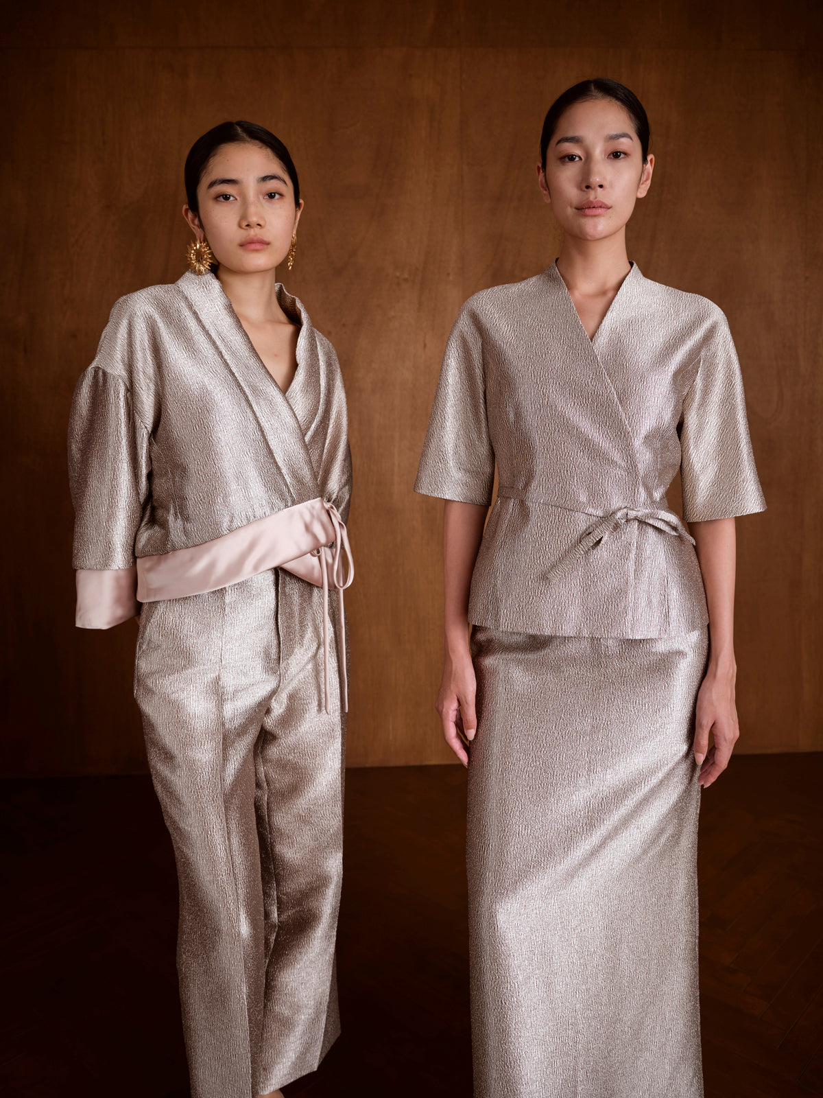 Metallic Stand-up Collar Belted Jacket